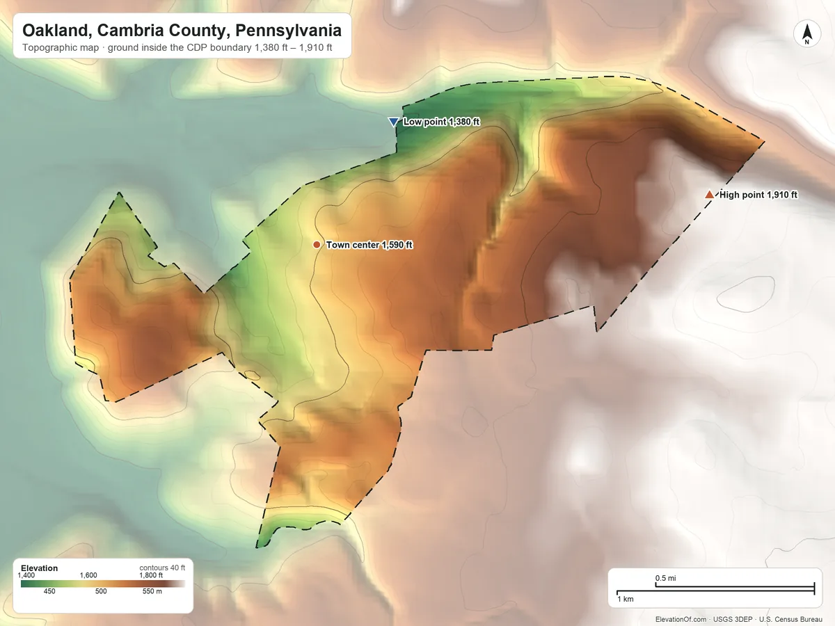 Topographic elevation map of Oakland, Cambria County, Pennsylvania, shaded from 1,380 ft on the northeast side to 1,910 ft at the foot of the Laurel Hill