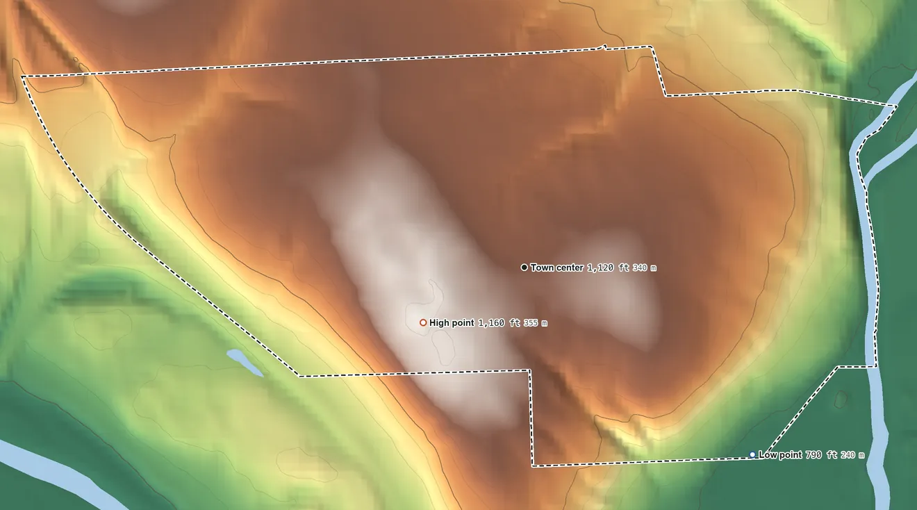 Topographic elevation map of Oakland, Pennsylvania, shaded from 790 ft on the southeast side to 1,160 ft on the southwest side