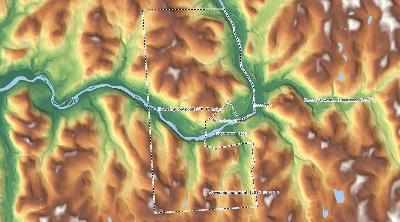 Topographic elevation map of Oakland Township, Susquehanna County, Pennsylvania, shaded from 870 ft on the west side to 1,810 ft on the south side