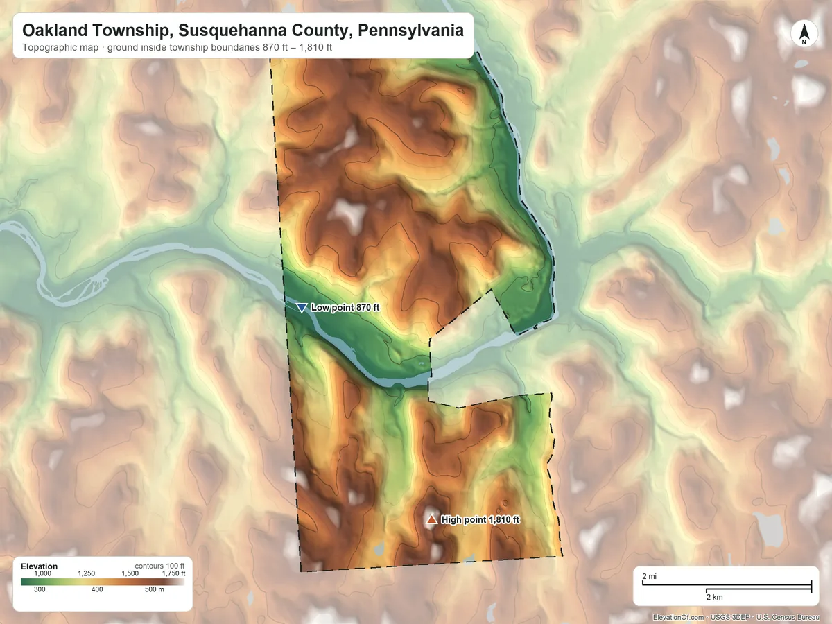 Topographic elevation map of Oakland Township, Susquehanna County, Pennsylvania, shaded from 870 ft on the west side to 1,810 ft on the south side