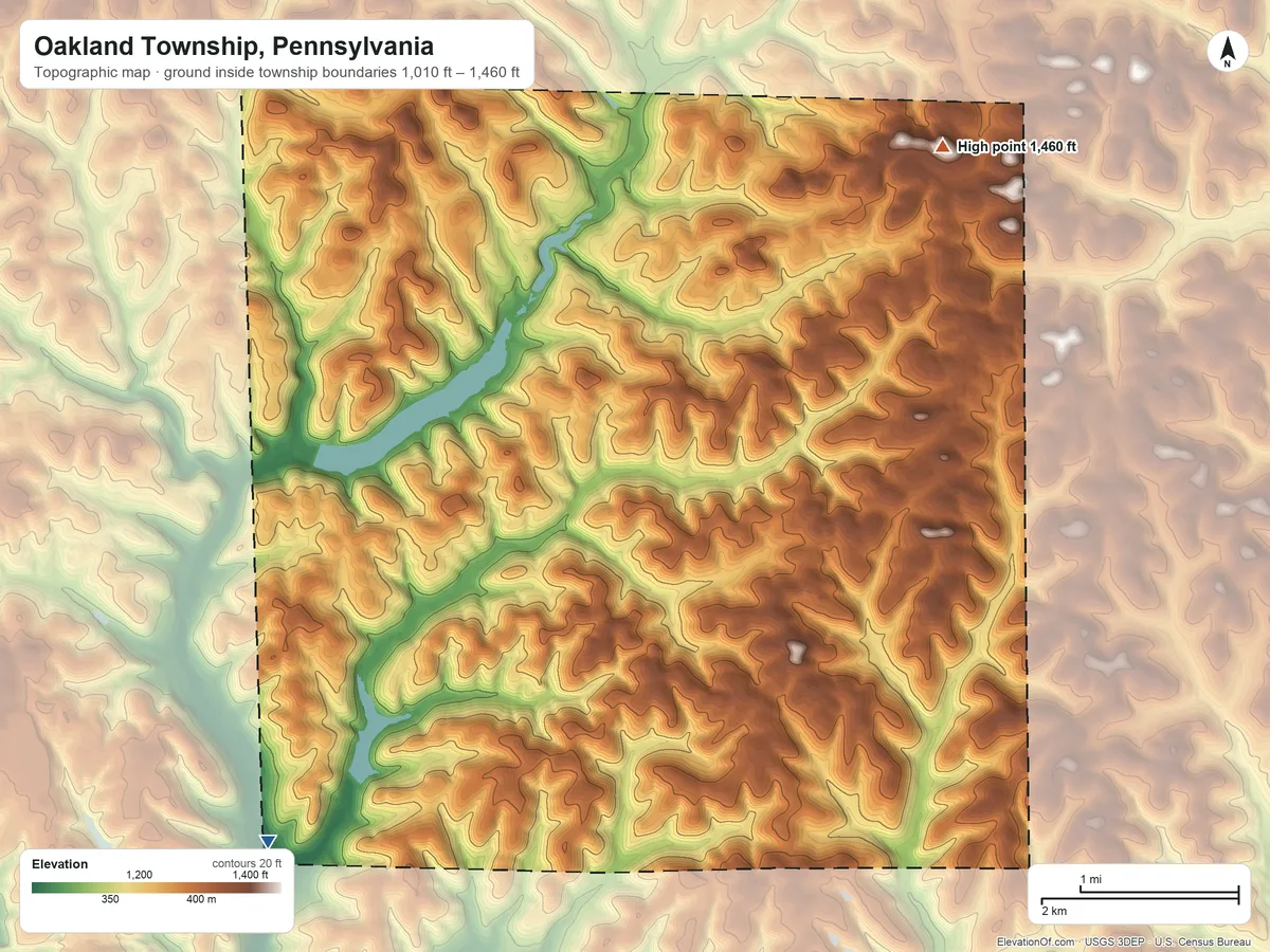 Topographic elevation map of Oakland Township, Pennsylvania, shaded from 1,010 ft on the southwest side to 1,460 ft on the northeast side