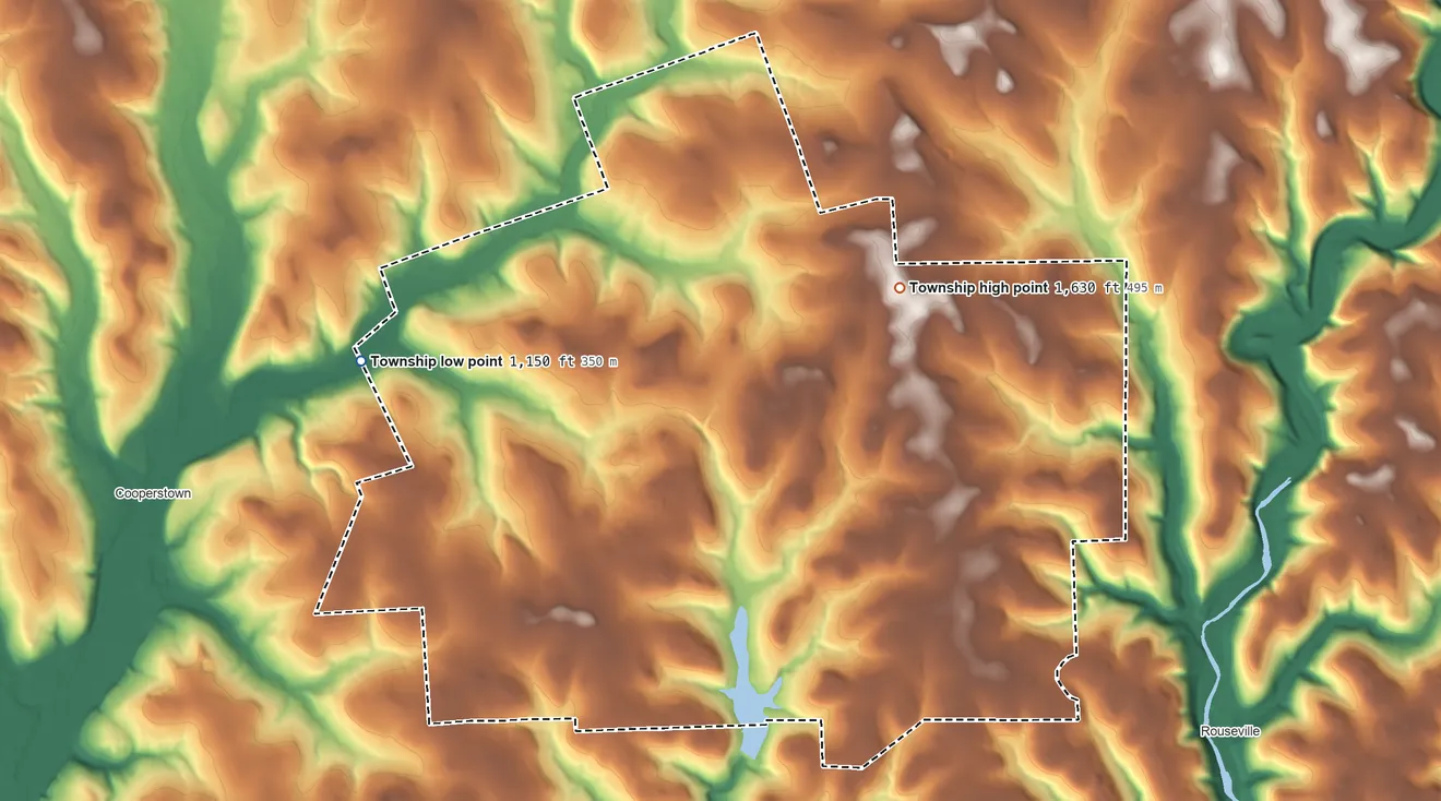 Topographic elevation map of Oakland Township, Venango County, Pennsylvania, shaded from 1,150 ft on the west side to 1,630 ft on the northeast side