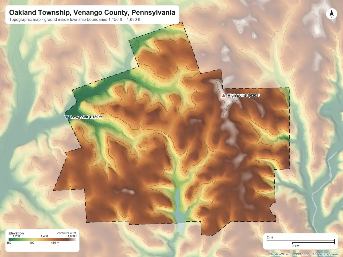 Topographic elevation map of Oakland Township, Venango County, Pennsylvania, shaded from 1,150 ft on the west side to 1,630 ft on the northeast side