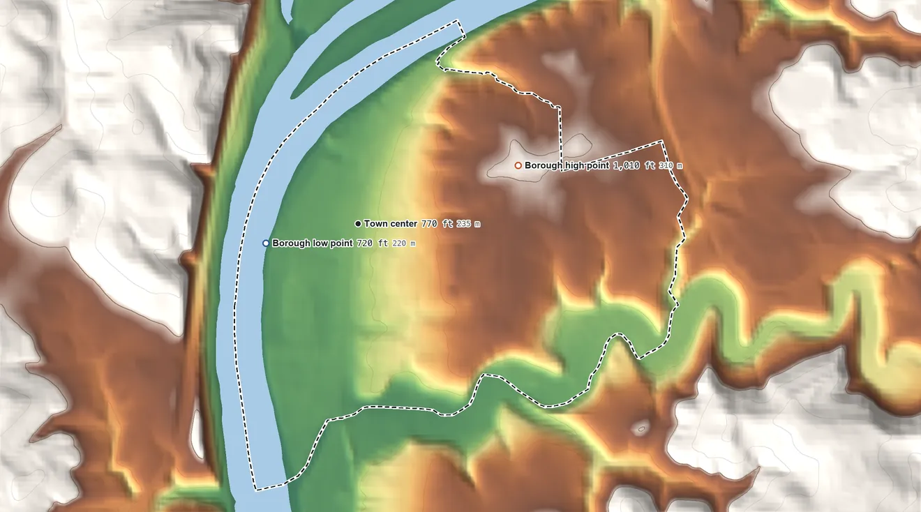 Topographic elevation map of Oakmont, Pennsylvania, shaded from 720 ft on the west side to 1,010 ft on the east side