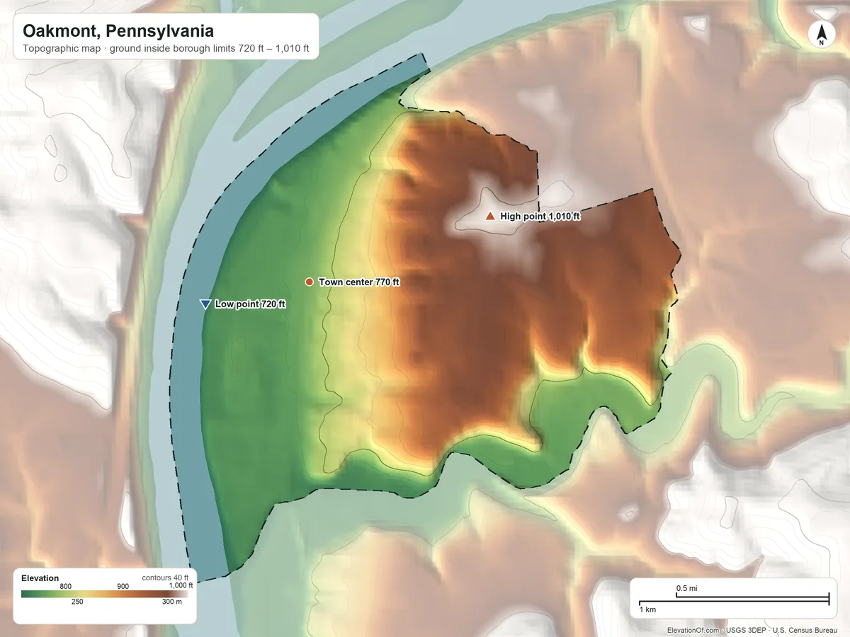 Topographic elevation map of Oakmont, Pennsylvania, shaded from 720 ft on the west side to 1,010 ft on the east side