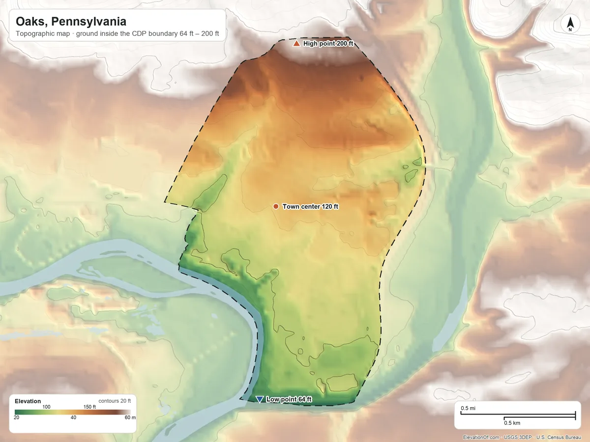 Topographic elevation map of Oaks, Pennsylvania, shaded from 64 ft on the south side to 200 ft on the north side