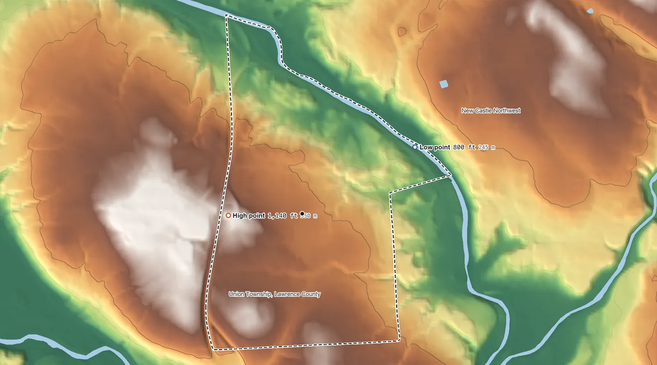 Topographic elevation map of Oakwood, Pennsylvania, shaded from 800 ft on the northeast side to 1,140 ft on the west side