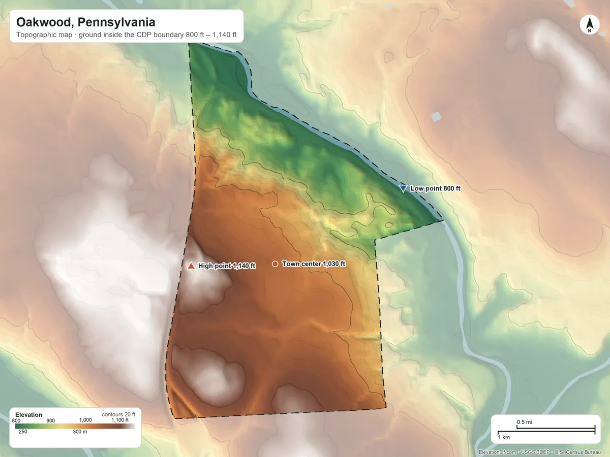 Topographic elevation map of Oakwood, Pennsylvania, shaded from 800 ft on the northeast side to 1,140 ft on the west side