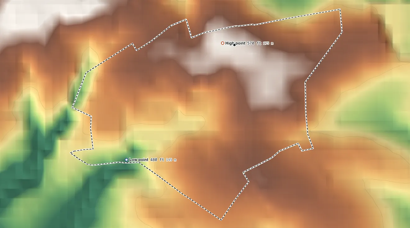 Topographic elevation map of Oberlin, Pennsylvania, shaded from 480 ft on the southwest side to 570 ft near the middle
