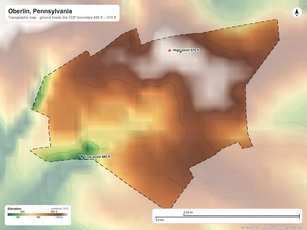 Topographic elevation map of Oberlin, Pennsylvania, shaded from 480 ft on the southwest side to 570 ft near the middle