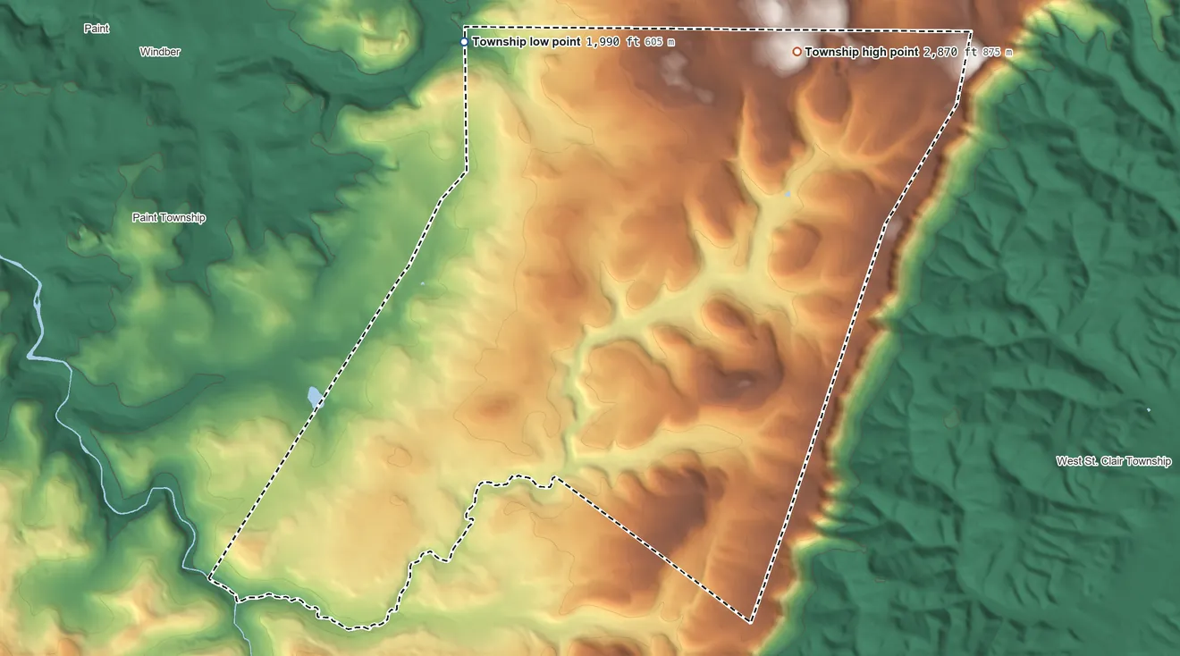 Topographic elevation map of Ogle Township, Pennsylvania, shaded from 1,990 ft on the northwest side to 2,870 ft on the northeast side