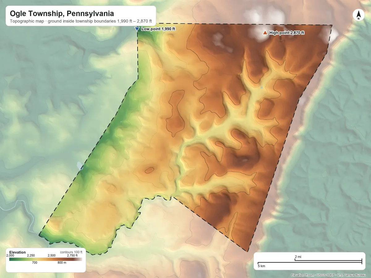 Topographic elevation map of Ogle Township, Pennsylvania, shaded from 1,990 ft on the northwest side to 2,870 ft on the northeast side