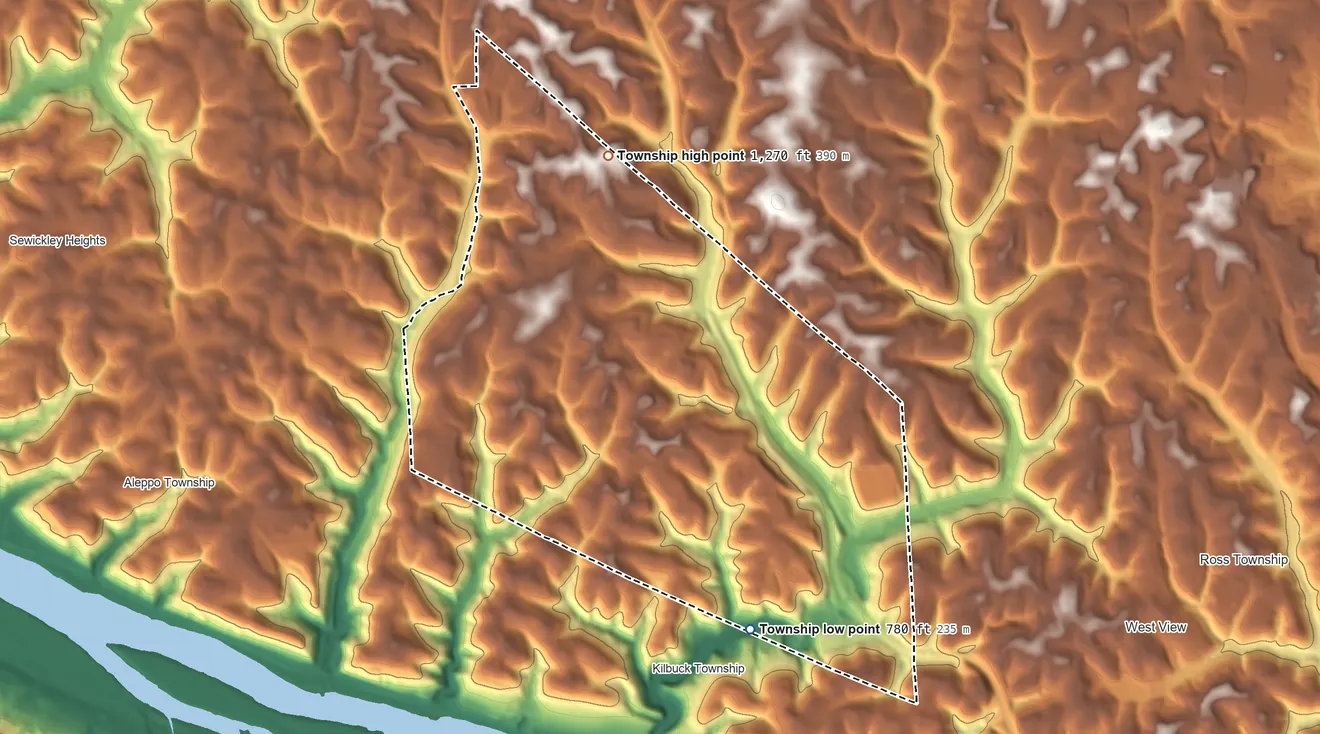 Topographic elevation map of Ohio Township, Pennsylvania, shaded from 780 ft on the south side to 1,270 ft on the north side
