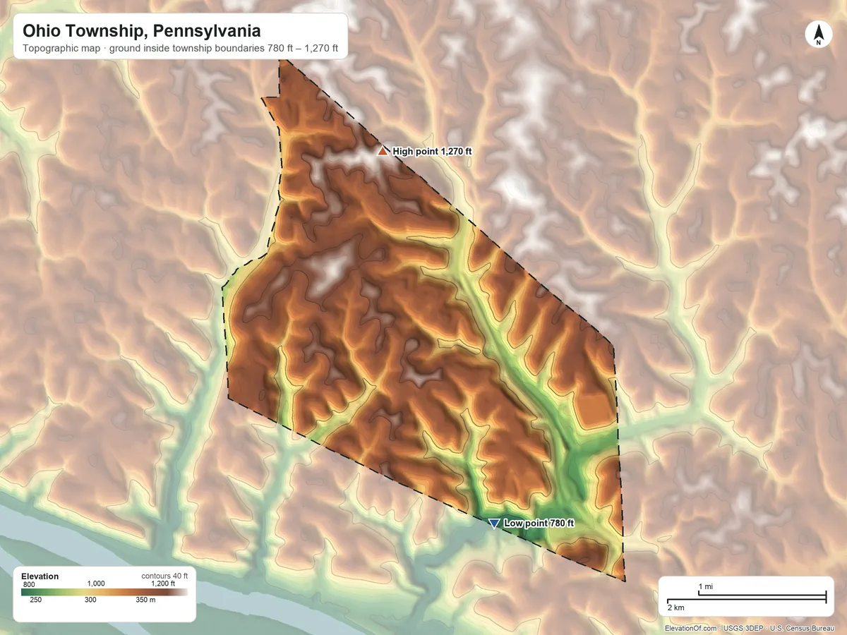 Topographic elevation map of Ohio Township, Pennsylvania, shaded from 780 ft on the south side to 1,270 ft on the north side
