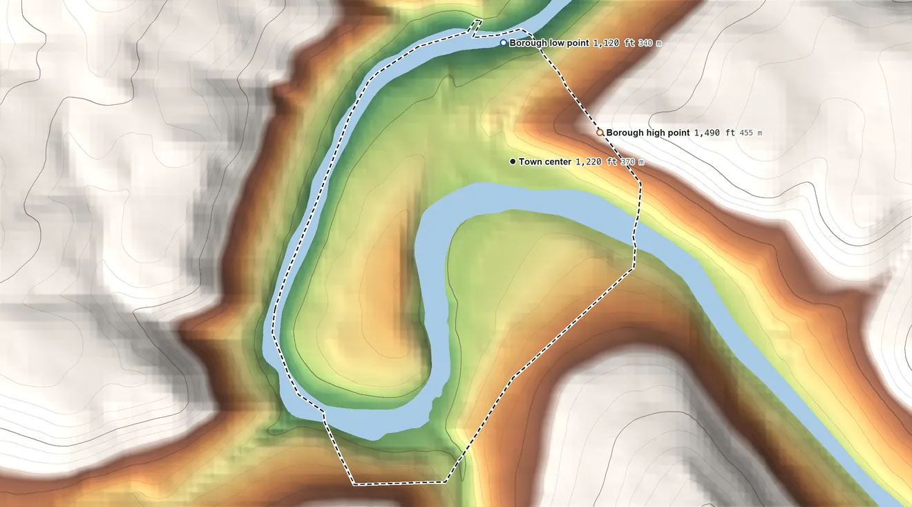 Topographic elevation map of Ohiopyle, Pennsylvania, shaded from 1,120 ft on the north side to 1,490 ft on the east edge, below higher ground just outside