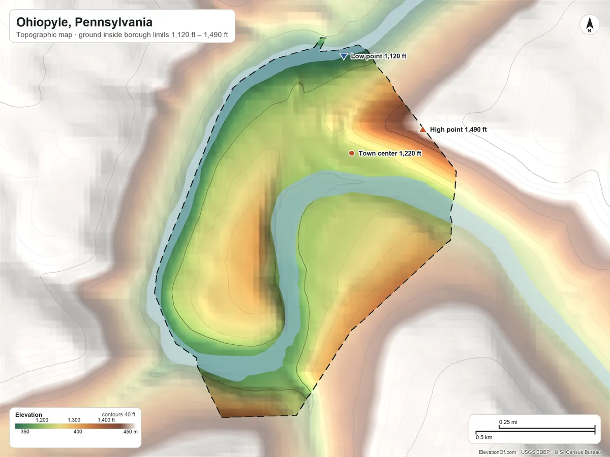 Topographic elevation map of Ohiopyle, Pennsylvania, shaded from 1,120 ft on the north side to 1,490 ft on the east edge, below higher ground just outside