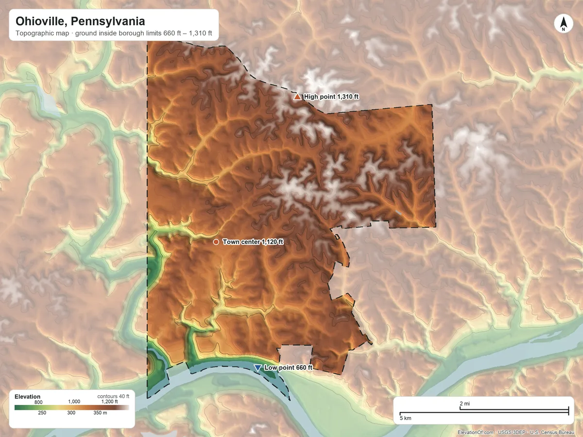 Topographic elevation map of Ohioville, Pennsylvania, shaded from 660 ft on the south side to 1,310 ft on the northeast side