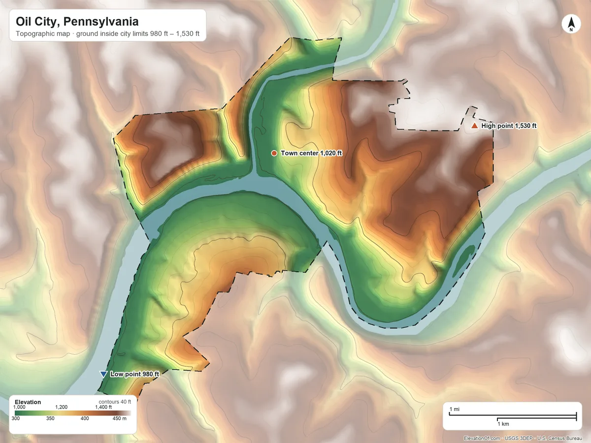 Topographic elevation map of Oil City, Pennsylvania, shaded from 980 ft on the southwest side to 1,530 ft on the east side