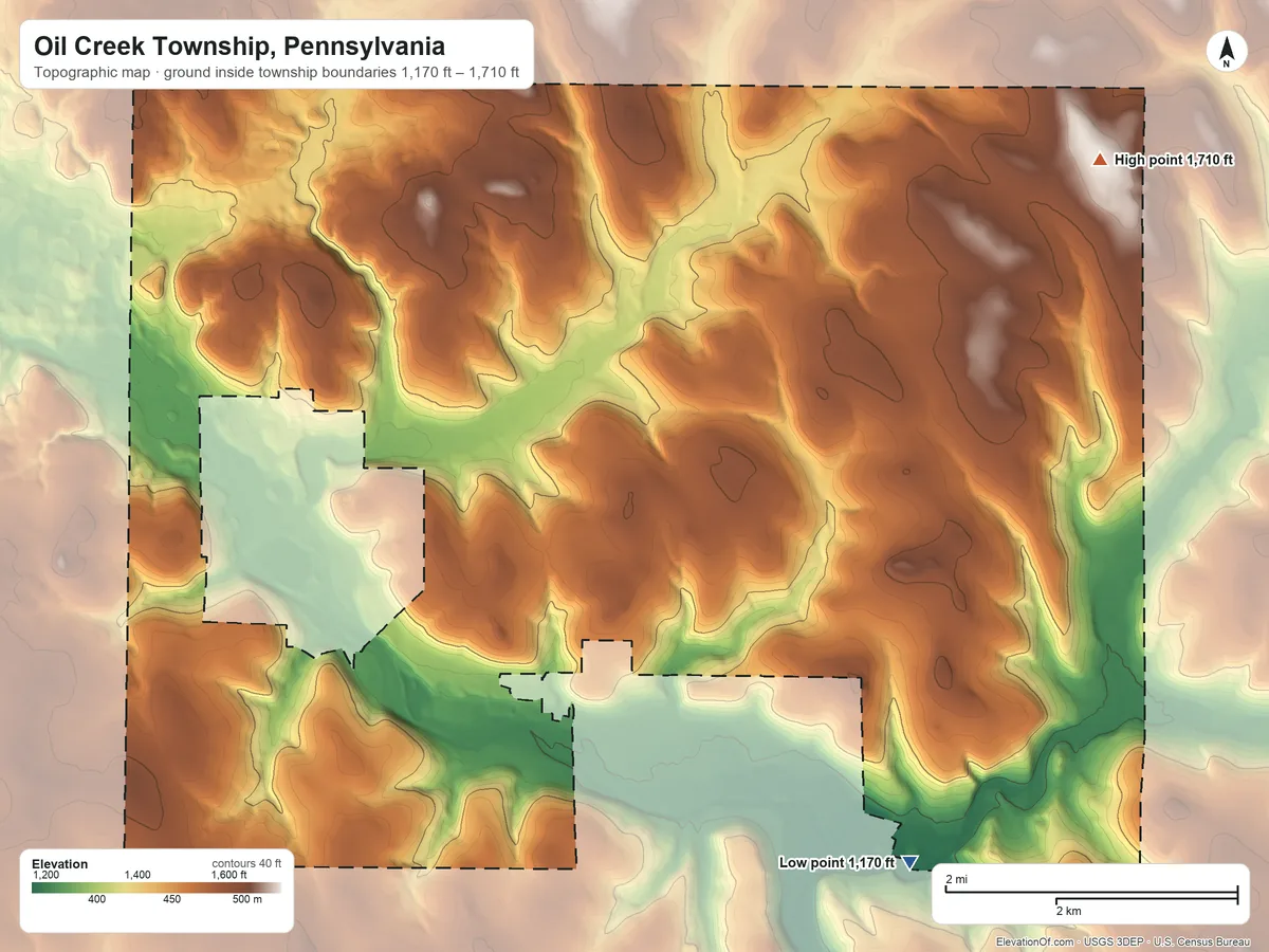 Topographic elevation map of Oil Creek Township, Pennsylvania, shaded from 1,170 ft on the southeast side to 1,710 ft on the northeast side
