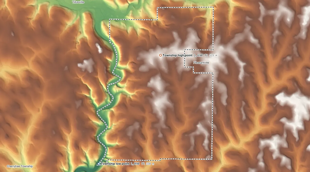Topographic elevation map of Oil Creek Township, Venango County, Pennsylvania, shaded from 1,090 ft on the southwest side to 1,690 ft near the middle