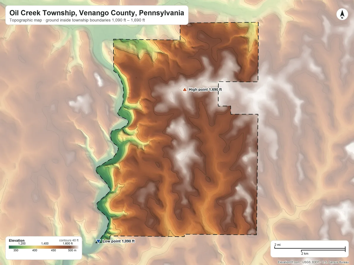 Topographic elevation map of Oil Creek Township, Venango County, Pennsylvania, shaded from 1,090 ft on the southwest side to 1,690 ft near the middle