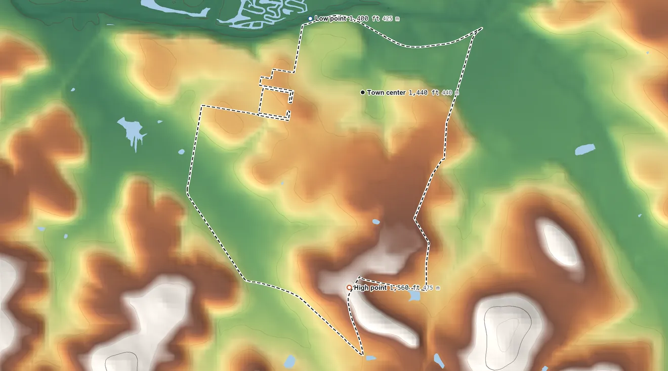 Topographic elevation map of Oklahoma, Clearfield County, Pennsylvania, shaded from 1,400 ft on the northwest side to 1,560 ft on the south side