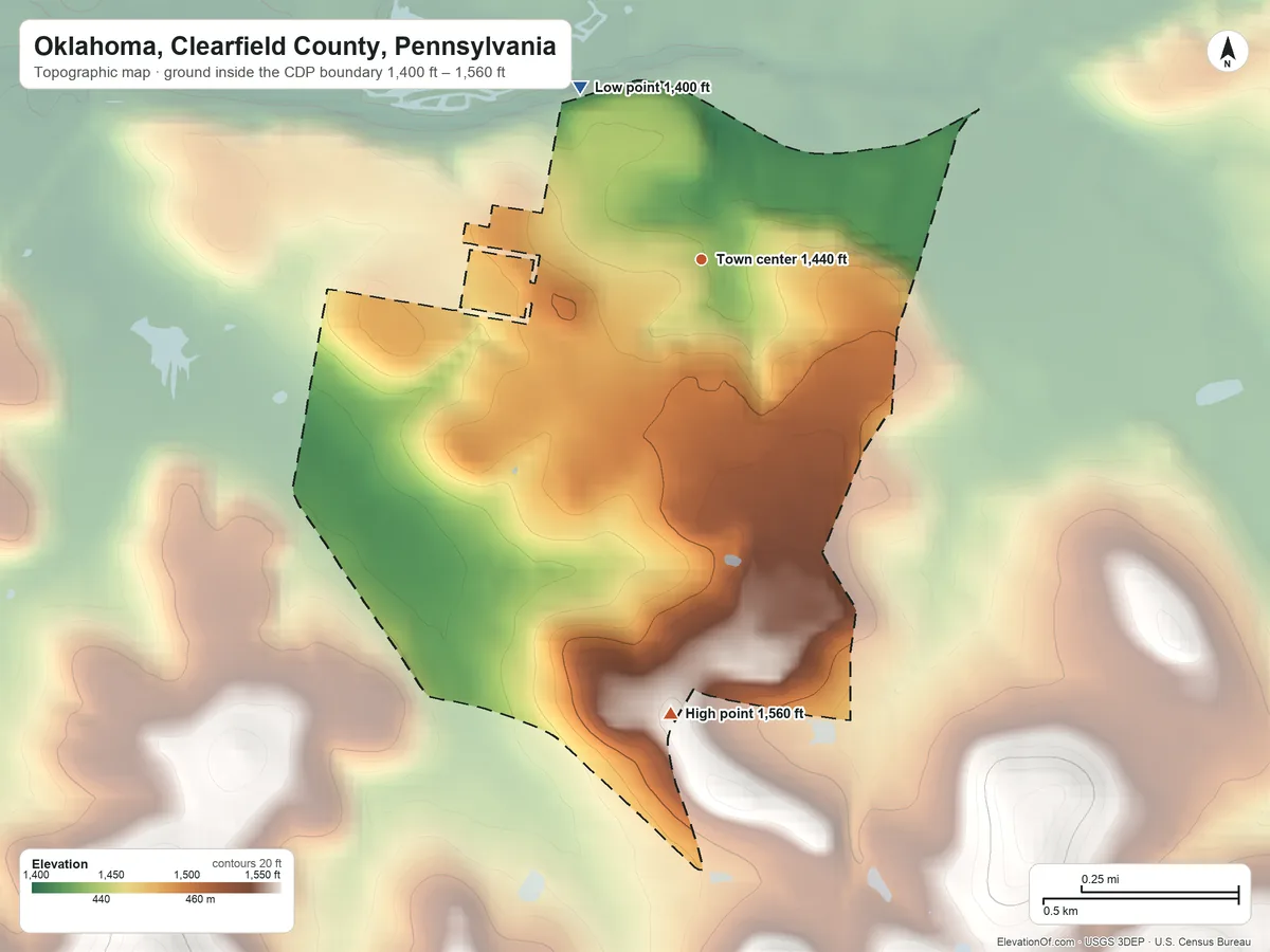 Topographic elevation map of Oklahoma, Clearfield County, Pennsylvania, shaded from 1,400 ft on the northwest side to 1,560 ft on the south side