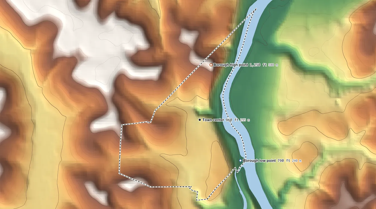 Topographic elevation map of Oklahoma, Pennsylvania, shaded from 790 ft on the southeast side to 1,250 ft on the north side