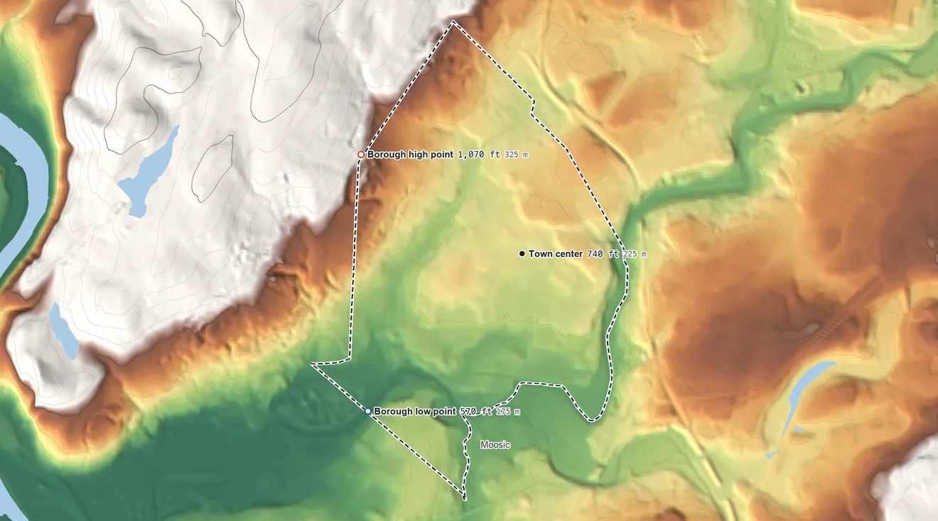 Topographic elevation map of Old Forge, Pennsylvania, shaded from 570 ft on the southwest side to 1,070 ft on the northwest edge, below higher ground just outside