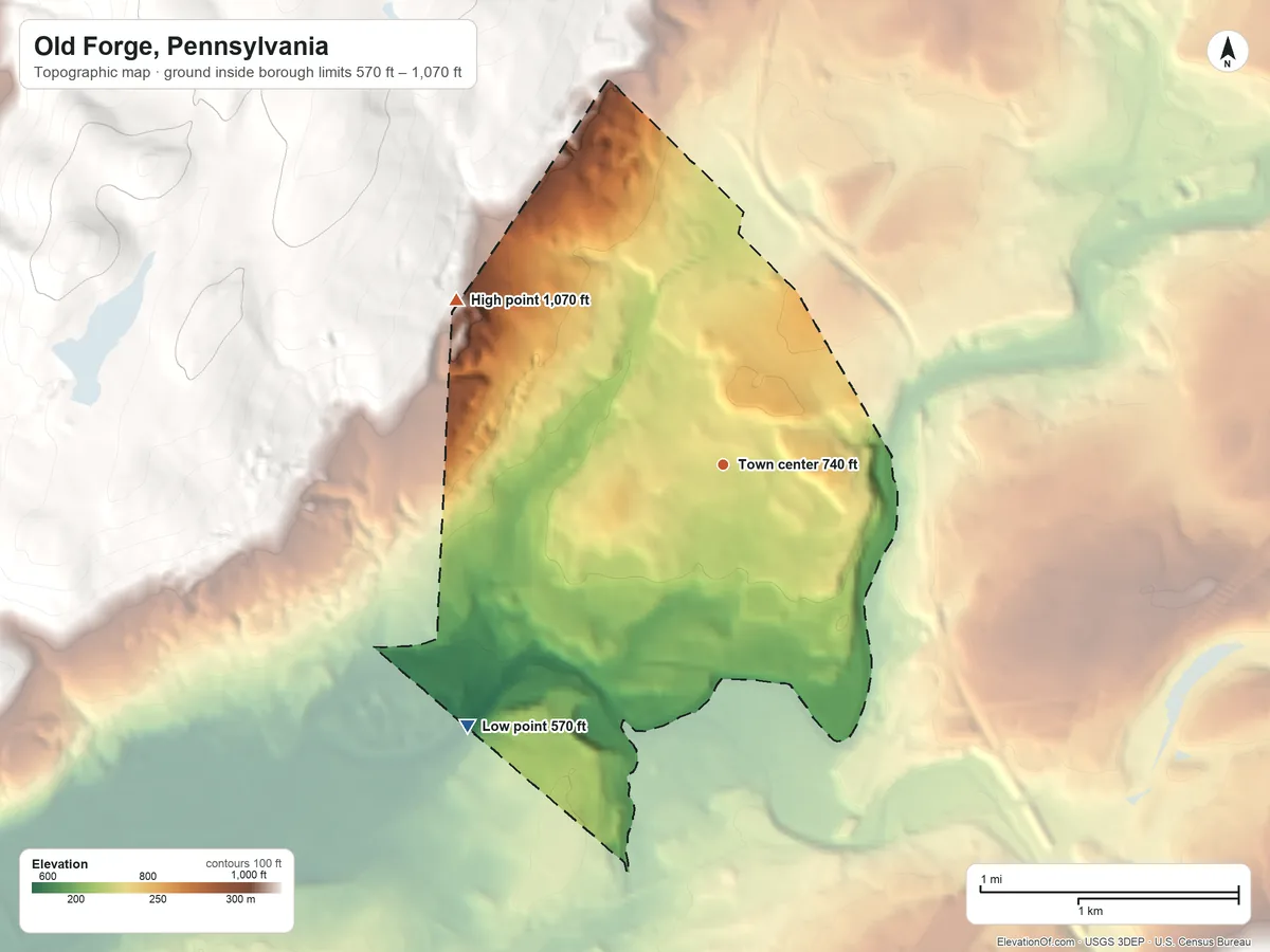 Topographic elevation map of Old Forge, Pennsylvania, shaded from 570 ft on the southwest side to 1,070 ft on the northwest edge, below higher ground just outside