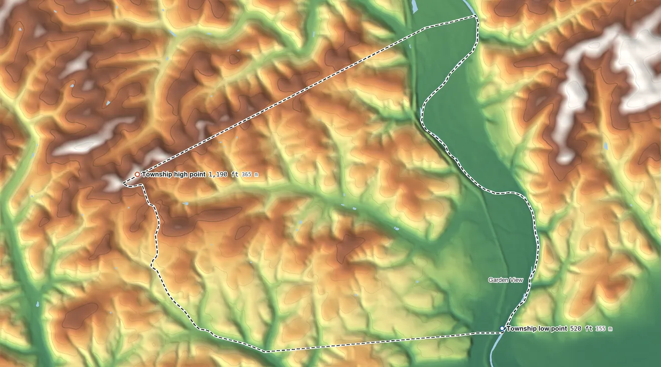 Topographic elevation map of Old Lycoming Township, Pennsylvania, shaded from 520 ft on the southeast side to 1,190 ft on the west side
