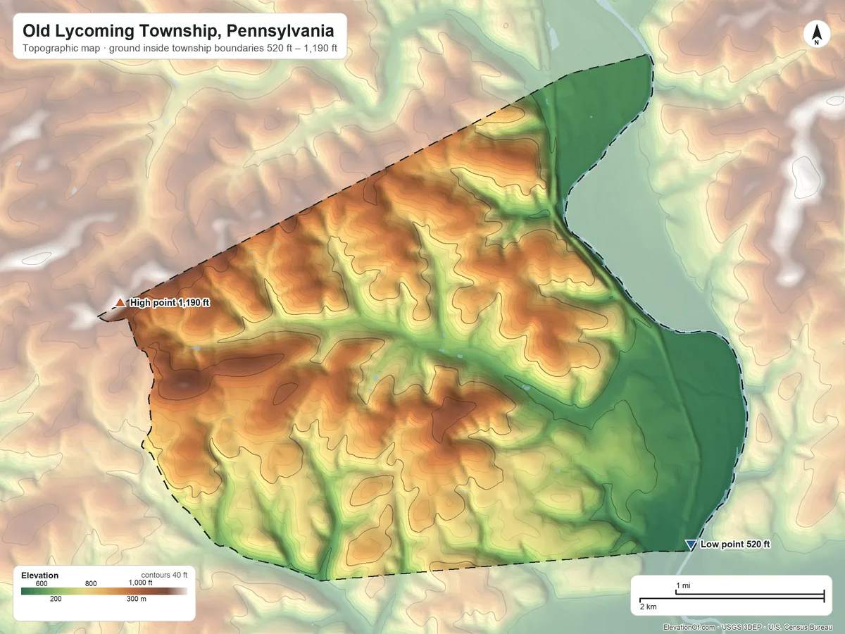 Topographic elevation map of Old Lycoming Township, Pennsylvania, shaded from 520 ft on the southeast side to 1,190 ft on the west side