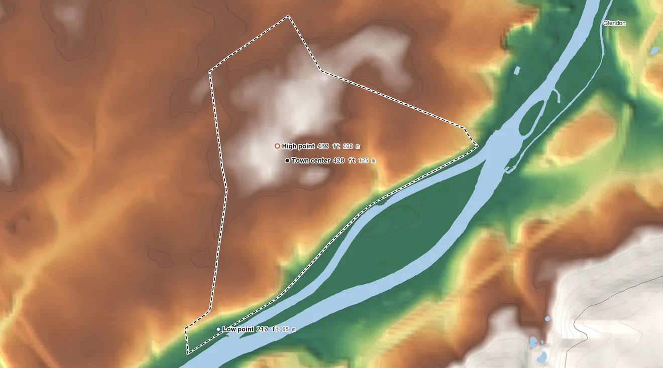 Topographic elevation map of Old Orchard, Pennsylvania, shaded from 210 ft on the south side to 430 ft on the northwest edge, below higher ground just outside
