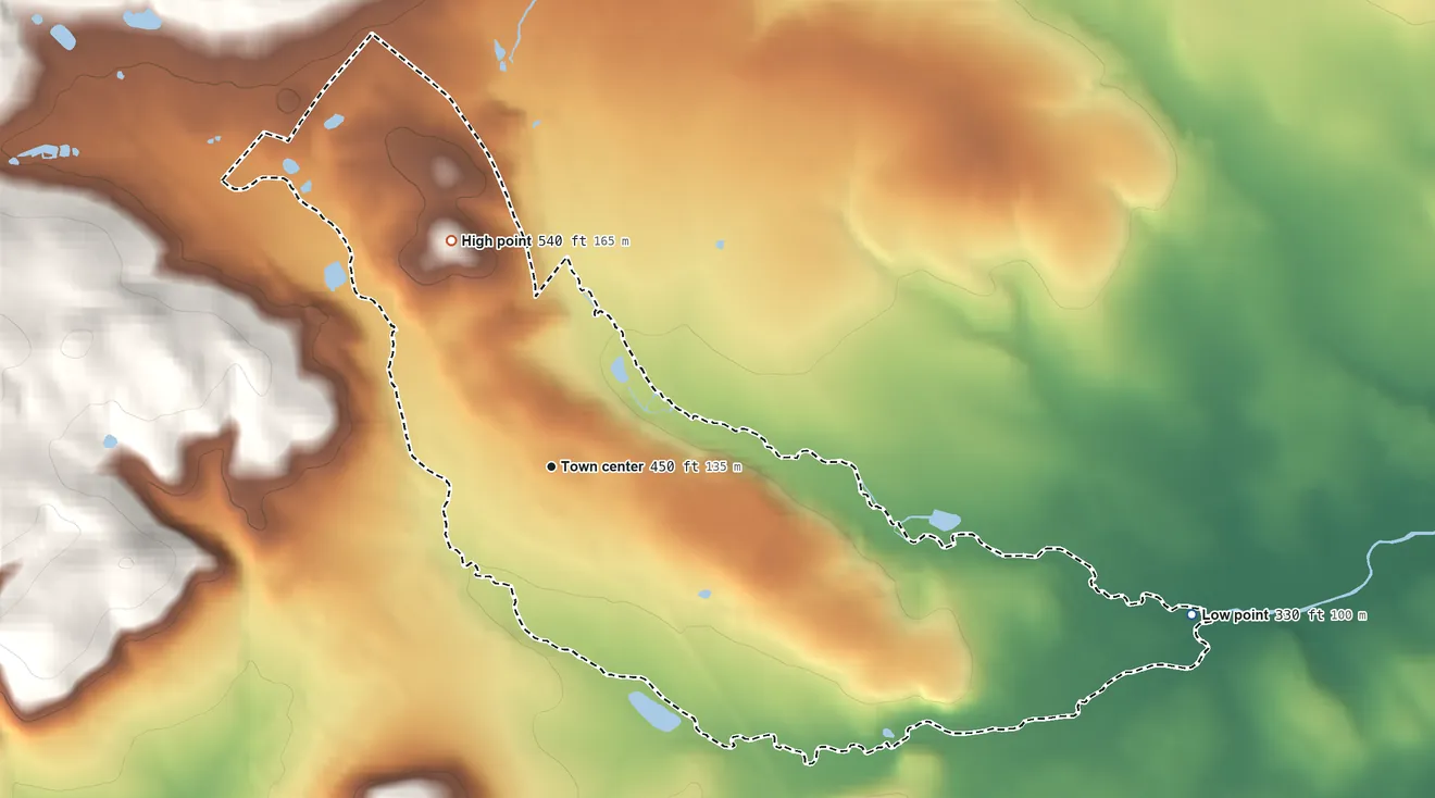 Topographic elevation map of Oley, Pennsylvania, shaded from 330 ft on the east side to 540 ft on the northwest edge, below higher ground just outside