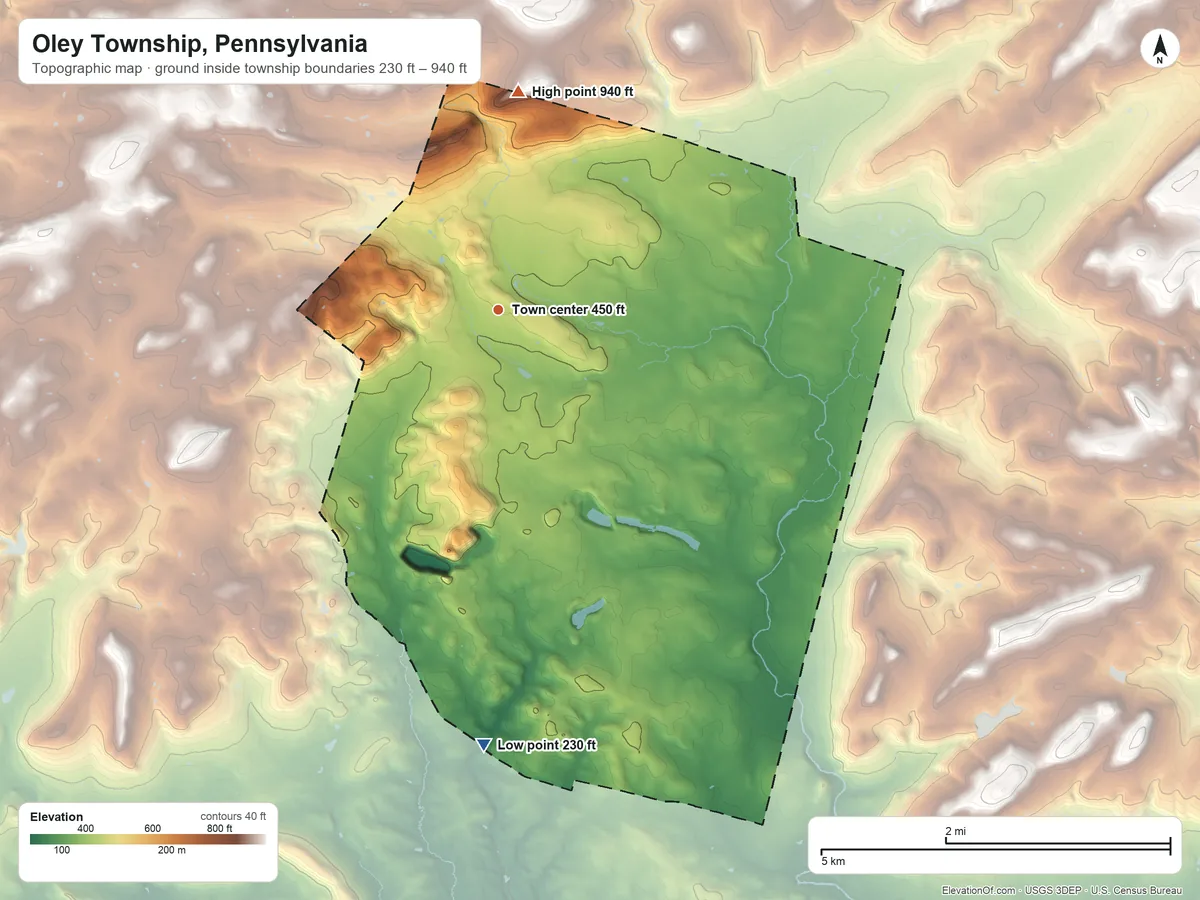 Topographic elevation map of Oley Township, Pennsylvania, shaded from 230 ft on the south side to 940 ft on the north edge, below higher ground just outside