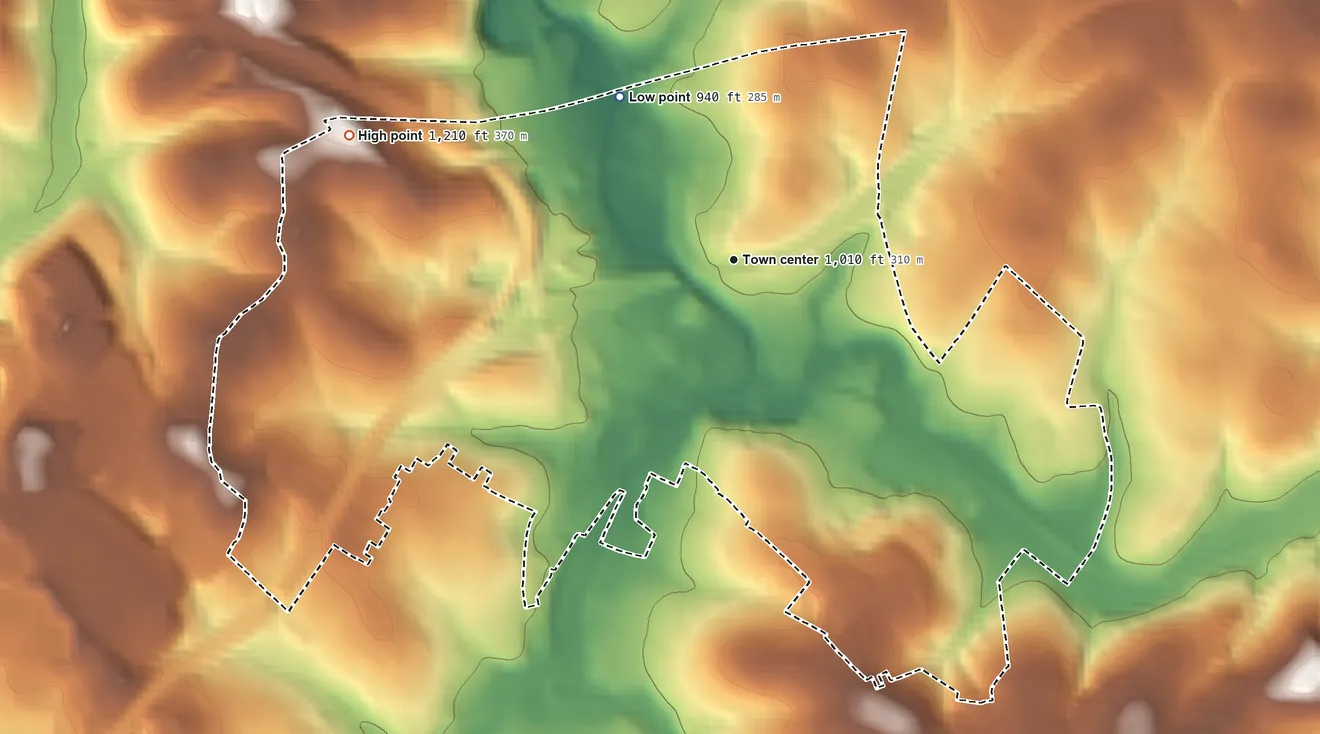 Topographic elevation map of Oliver, Pennsylvania, shaded from 940 ft on the northwest side to 1,210 ft on the west side