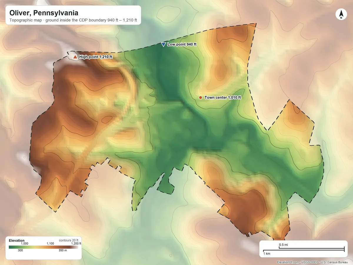 Topographic elevation map of Oliver, Pennsylvania, shaded from 940 ft on the northwest side to 1,210 ft on the west side