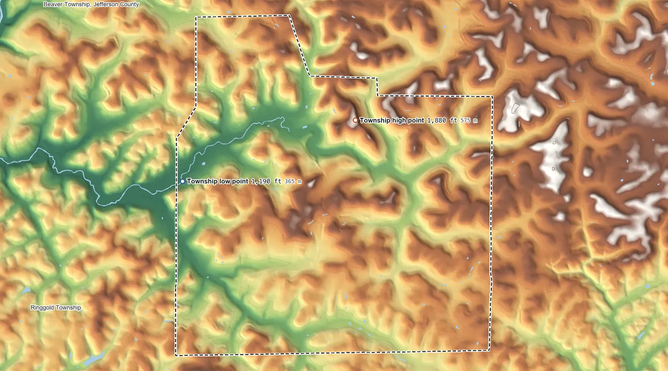 Topographic elevation map of Oliver Township, Jefferson County, Pennsylvania, shaded from 1,190 ft on the west side to 1,880 ft on the north side