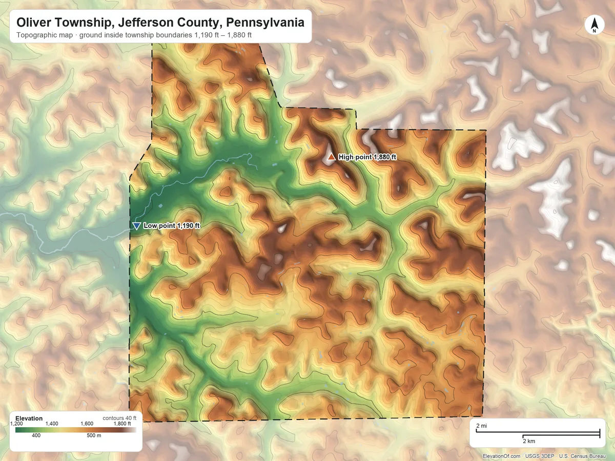 Topographic elevation map of Oliver Township, Jefferson County, Pennsylvania, shaded from 1,190 ft on the west side to 1,880 ft on the north side