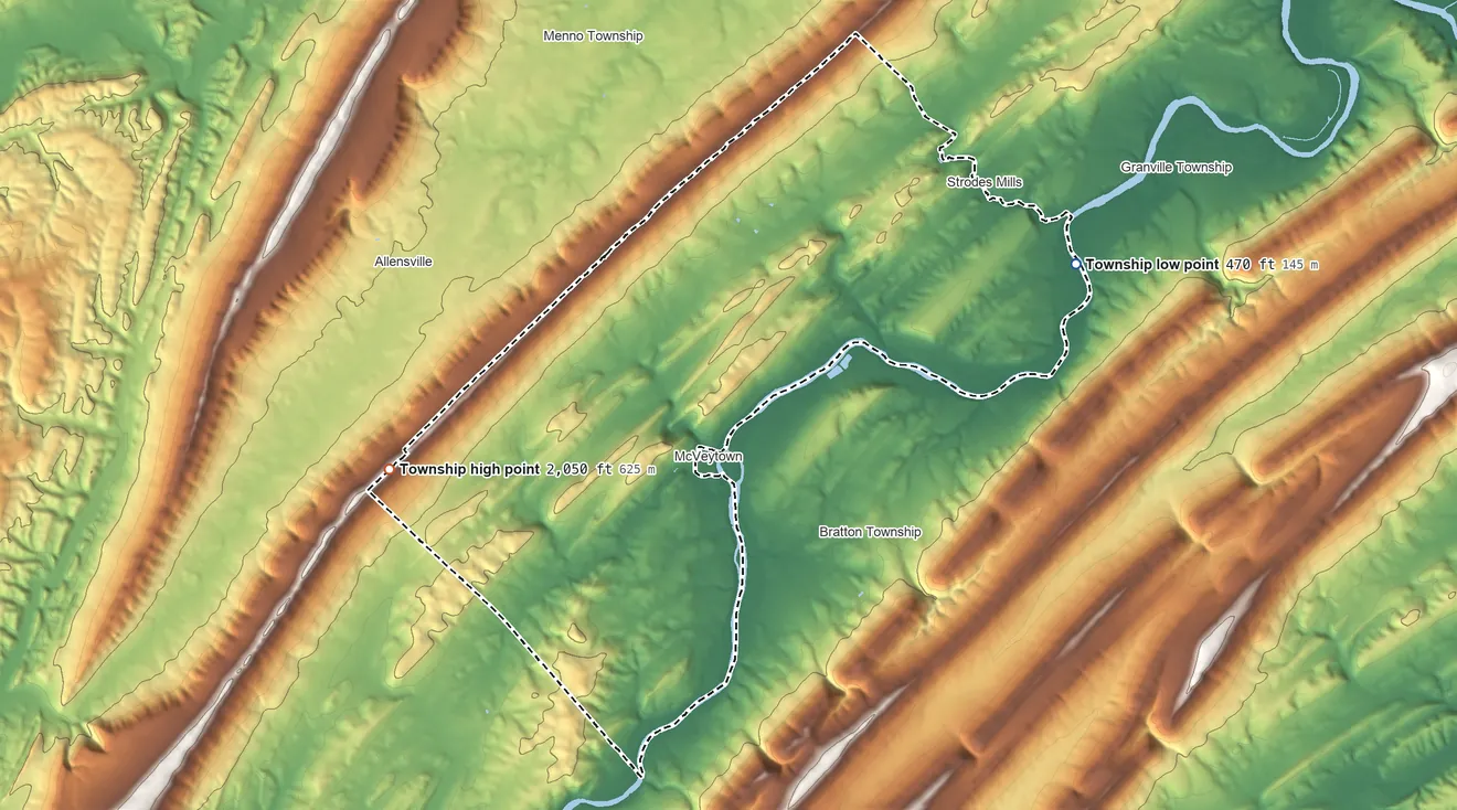 Topographic elevation map of Oliver Township, Mifflin County, Pennsylvania, shaded from 470 ft on the northeast side to 2,050 ft on the west side