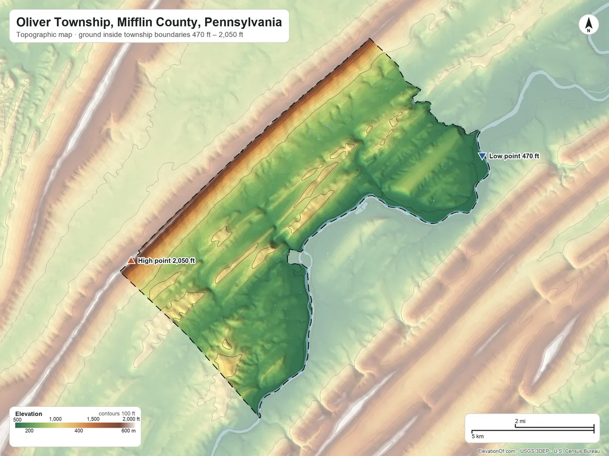 Topographic elevation map of Oliver Township, Mifflin County, Pennsylvania, shaded from 470 ft on the northeast side to 2,050 ft on the west side