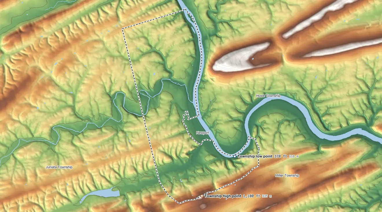 Topographic elevation map of Oliver Township, Pennsylvania, shaded from 370 ft on the southeast side to 1,100 ft on the south side