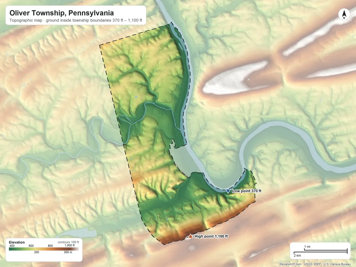 Topographic elevation map of Oliver Township, Pennsylvania, shaded from 370 ft on the southeast side to 1,100 ft on the south side