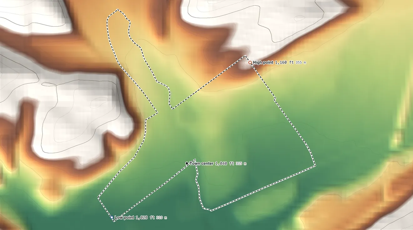 Topographic elevation map of Olivia, Pennsylvania, shaded from 1,020 ft on the southwest side to 1,160 ft on the northeast edge, below higher ground just outside