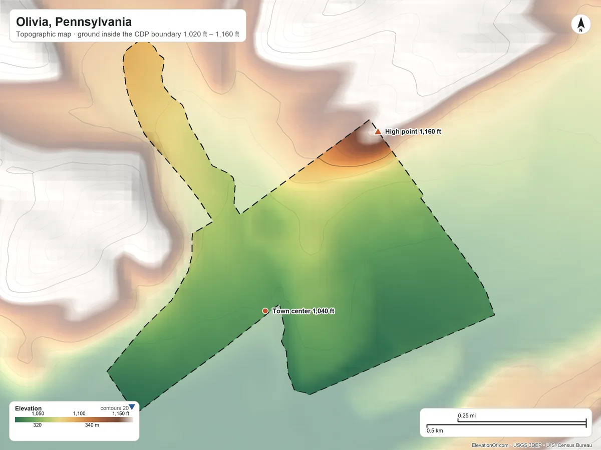 Topographic elevation map of Olivia, Pennsylvania, shaded from 1,020 ft on the southwest side to 1,160 ft on the northeast edge, below higher ground just outside