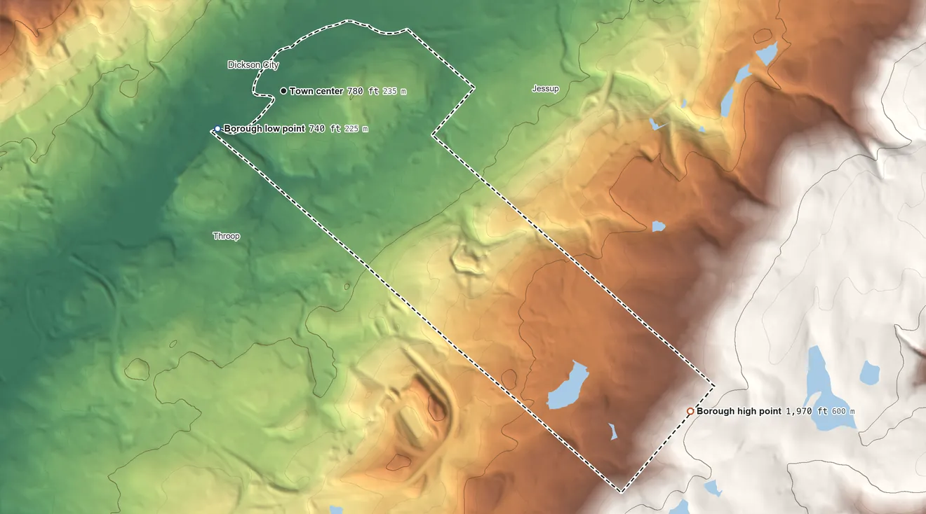 Topographic elevation map of Olyphant, Pennsylvania, shaded from 740 ft on the southwest side to 1,970 ft on the southeast side