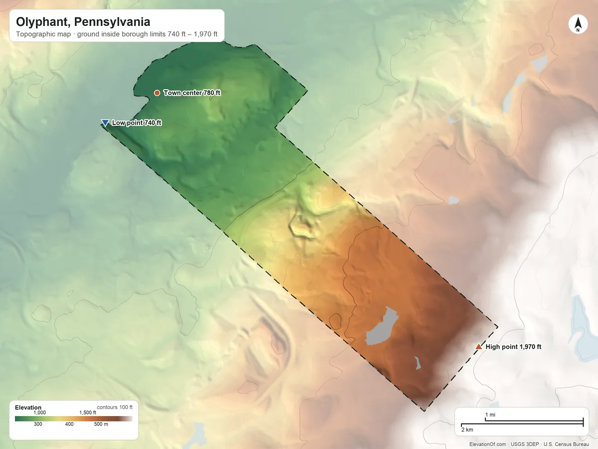 Topographic elevation map of Olyphant, Pennsylvania, shaded from 740 ft on the southwest side to 1,970 ft on the southeast side