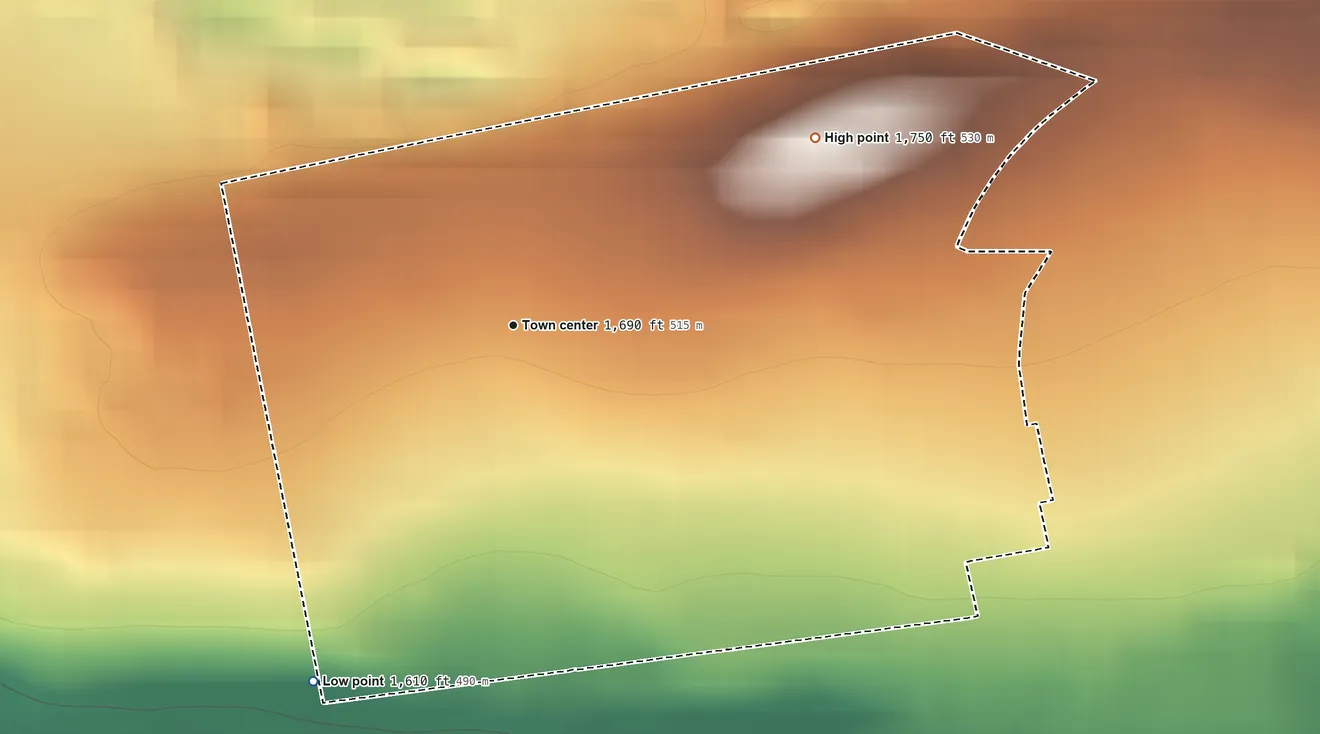 Topographic elevation map of Oneida, Pennsylvania, shaded from 1,610 ft on the southwest side to 1,750 ft on the northeast side