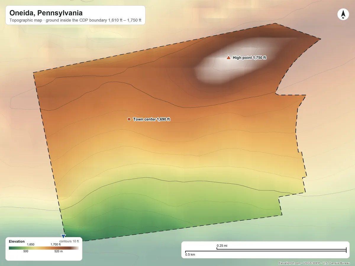 Topographic elevation map of Oneida, Pennsylvania, shaded from 1,610 ft on the southwest side to 1,750 ft on the northeast side