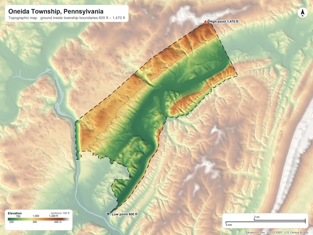 Topographic elevation map of Oneida Township, Pennsylvania, shaded from 600 ft on the southwest side to 1,470 ft on the northeast side